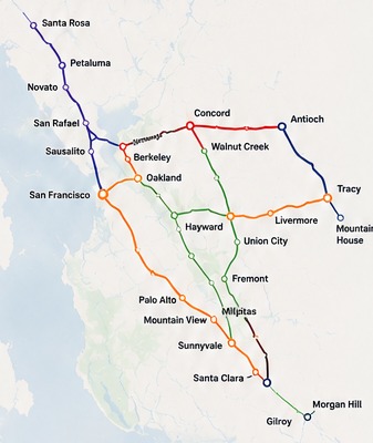 Map of BirdEpool's Bay Area service routes: Blue (I-580 Altamont), Orange (Peninsula/South Bay), Green (East Bay to Silicon Valley), Red (East Bay North/Capitol Corridor), and Purple (North Bay Express) lines